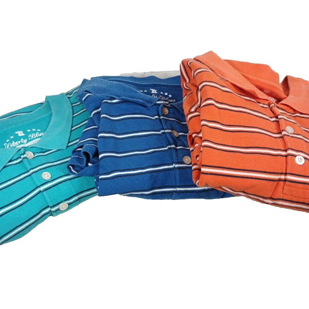 Lot 3 Liberty Blues Men’s Polo Shirts 5XL Tall Striped Cotton  Teal Blue Orange